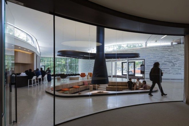 Studio Gang, LEED Gold, Arcus Center, Kalamazoo, locally sourced wood, timber discs, cordwood masonry, wood masonry, Arcus Center for Social Justice Leadership, Kalamazoo College, Michigan, y-shaped building, natural daylight, glazed end wall, communal hearth, tri-axial plan, human rights, social justice,