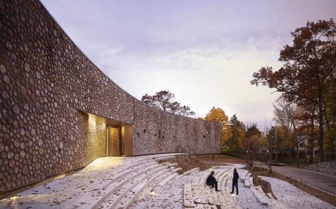 Studio Gang, LEED Gold, Arcus Center, Kalamazoo, locally sourced wood, timber discs, cordwood masonry, wood masonry, Arcus Center for Social Justice Leadership, Kalamazoo College, Michigan, y-shaped building, natural daylight, glazed end wall, communal hearth, tri-axial plan, human rights, social justice,