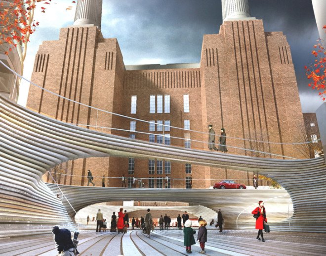 Bjarke Ingels Group, Battersea Power Station, Malaysia, public square, BIG, England architecture, limestone, sandstone, reclaimed building materials, old factory