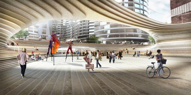 Bjarke Ingels Group, Battersea Power Station, Malaysia, public square, BIG, England architecture, limestone, sandstone, reclaimed building materials, old factory