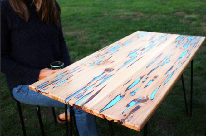 Instructables, Mike Warren, glow-in-the-dark table, DIY table, how-to, rugged wood table, photo luminescent powder, resin mix
