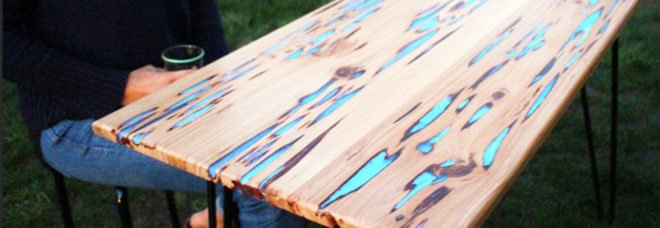 Instructables, Mike Warren, glow-in-the-dark table, DIY table, how-to, rugged wood table, photo luminescent powder, resin mix