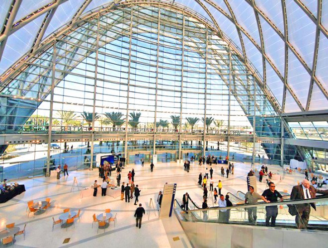 HOK Architects, ARTIC transit hub, transit hub, transportation hub, high-speed rail, California high-speed rail, California rail, green infrastructure, Anaheim transportation, Southern California, ETFE, natural ventilation, reduced solar heat gain, vaulted structure