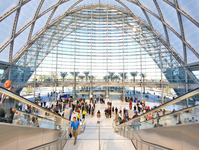 HOK Architects, ARTIC transit hub, transit hub, transportation hub, high-speed rail, California high-speed rail, California rail, green infrastructure, Anaheim transportation, Southern California, ETFE, natural ventilation, reduced solar heat gain, vaulted structure