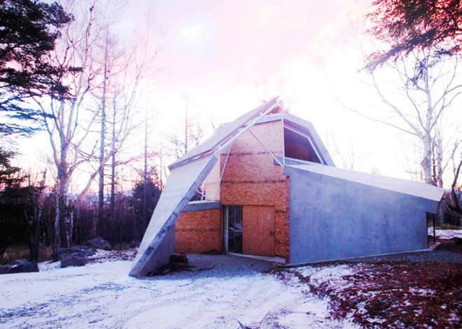 Double Negatives Architecture, Japan, Japanese architecture, OSB boards, concrete house, concrete home, mountain home, chipboard house, residential architecture, angular roof, Nagano house, forest house