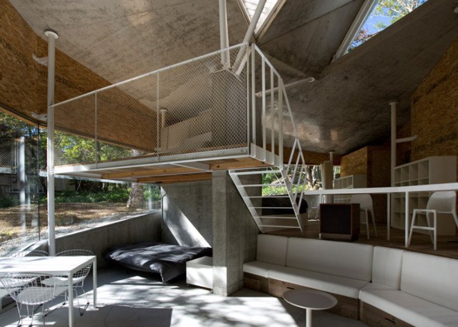 Double Negatives Architecture, Japan, Japanese architecture, OSB boards, concrete house, concrete home, mountain home, chipboard house, residential architecture, angular roof, Nagano house, forest house