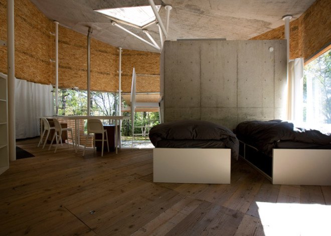 Double Negatives Architecture, Japan, Japanese architecture, OSB boards, concrete house, concrete home, mountain home, chipboard house, residential architecture, angular roof, Nagano house, forest house