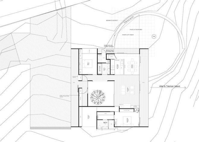 gabled roof, Lookout House, Room 11, Tasmania, Australia, Tasman Island, Port Arthur, gabled rooftop, barnyard typology, farmhouse typology, courtyard, farmhouse, barn door, timber, cedar, metal roof, solar heat gain,
