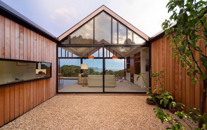 gabled roof, Lookout House, Room 11, Tasmania, Australia, Tasman Island, Port Arthur, gabled rooftop, barnyard typology, farmhouse typology, courtyard, farmhouse, barn door, timber, cedar, metal roof, solar heat gain,