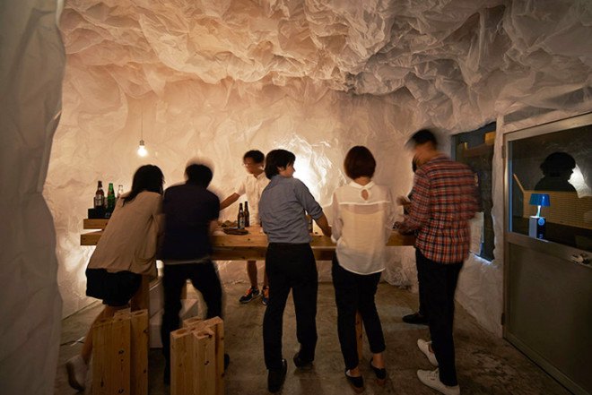 Naoya Matsumoto Design, tracing paper, Yorunoma Bar, Osaka, grotto-like bar, pop-up bar