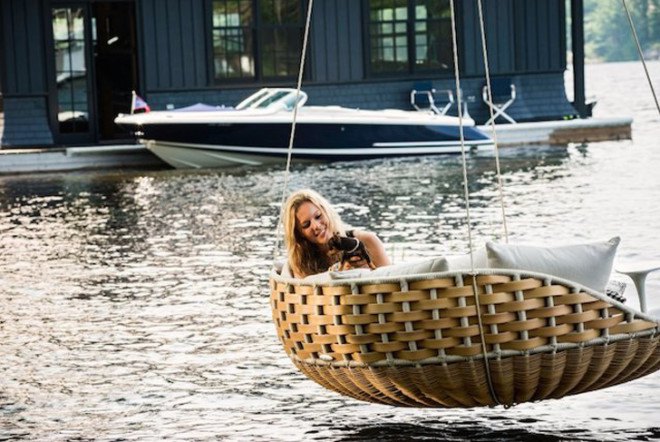 Dedon furniture, Daniel Pouzet, hanging furniture, hanging lounger, woven furniture, green furniture, Nestrest, suspended furniture, cocoon furniture