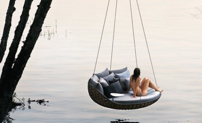 Dedon furniture, Daniel Pouzet, hanging furniture, hanging lounger, woven furniture, green furniture, Nestrest, suspended furniture, cocoon furniture