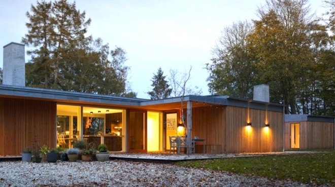 Villa Buresø, Denmark, Danish architecture, pine-clad architecture, Douglas pine, Slangerup, Mette Lange Architects, geothermal energy, annex, energy efficient architecture, skylights, lakeside architecture, floor to ceiling windows,