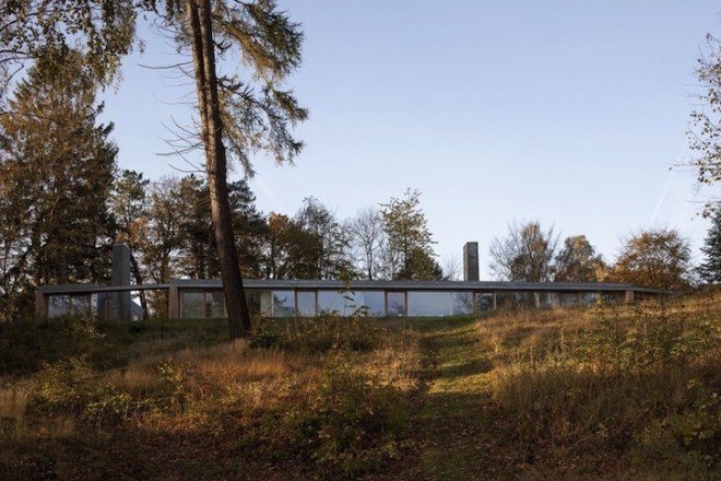 Villa Buresø, Denmark, Danish architecture, pine-clad architecture, Douglas pine, Slangerup, Mette Lange Architects, geothermal energy, annex, energy efficient architecture, skylights, lakeside architecture, floor to ceiling windows,