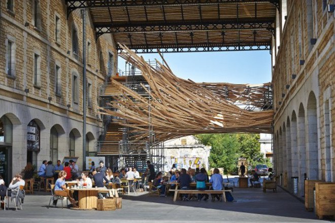 1024 Architecture, vortex sculpture, vortex, wooden sculpture, Bordeaux, France, Darwin Project, green building, green renovation, interactive art, interactive installation, footbridge, LED lights, realtime data