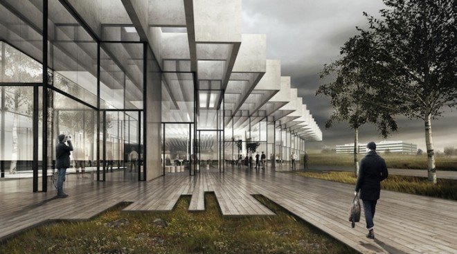 COBE, Adidas, Germany, Herzogenaurach, rhombus-shaped building, World of Sports, Dan Stubbergaard, Meet & Eat, multifunctional building, winter gardens, floor-to-ceiling windows, Knippers Helbig, Transsolar,