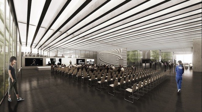COBE, Adidas, Germany, Herzogenaurach, rhombus-shaped building, World of Sports, Dan Stubbergaard, Meet & Eat, multifunctional building, winter gardens, floor-to-ceiling windows, Knippers Helbig, Transsolar,