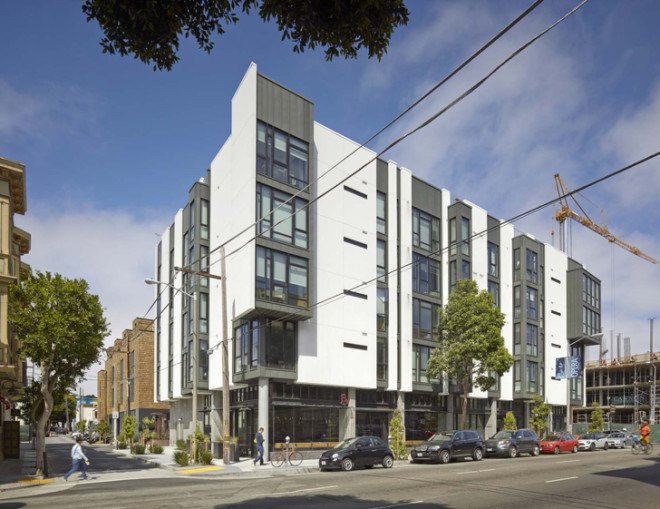 David Baker Architects, floor-to-ceiling windows, 300 Ivy Street block, residential block, mixed-use block, San Francisco, natural lighting, rooftop garden, green neighborhood, green architecture