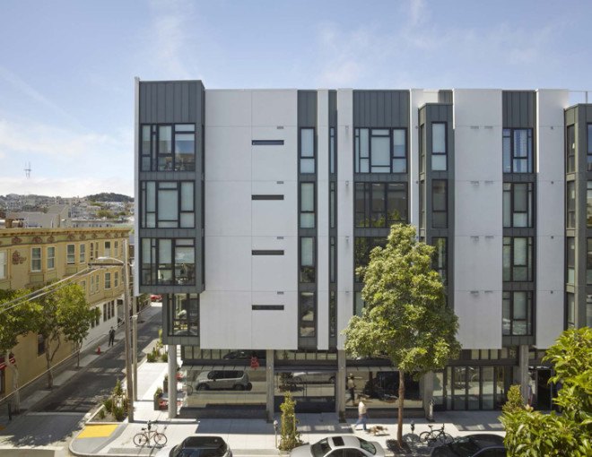 David Baker Architects, floor-to-ceiling windows, 300 Ivy Street block, residential block, mixed-use block, San Francisco, natural lighting, rooftop garden, green neighborhood, green architecture