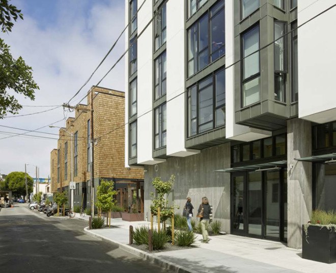 David Baker Architects, floor-to-ceiling windows, 300 Ivy Street block, residential block, mixed-use block, San Francisco, natural lighting, rooftop garden, green neighborhood, green architecture