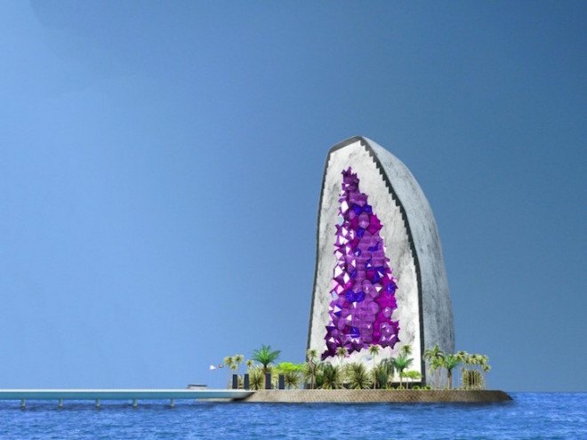 NL Architects, Amethyst Hotel, luxury hotel, Amethyst geode, geode, crystal, hotel design, China, Ocean Flower island, luxury hotel design, purple windows,