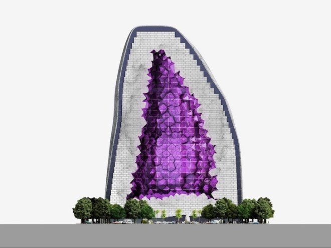 NL Architects, Amethyst Hotel, luxury hotel, Amethyst geode, geode, crystal, hotel design, China, Ocean Flower island, luxury hotel design, purple windows,