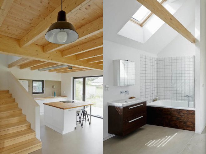 Carbon House, Mjölk Architekti, timber home, timber house, Pyšely, timber facade, charred timber, charred timber plans, timber planks, natural light, whitewashed walls, exposed timber ceiling beams, timber ceiling beams,