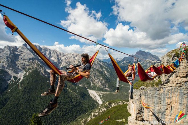 slackers, suspended hammocks, Highline Meeting festival, Italian Alps, Monte Piana,