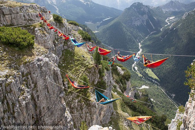 slackers, suspended hammocks, Highline Meeting festival, Italian Alps, Monte Piana,