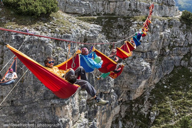 slackers, suspended hammocks, Highline Meeting festival, Italian Alps, Monte Piana,