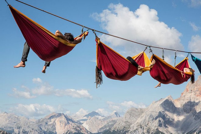 slackers, suspended hammocks, Highline Meeting festival, Italian Alps, Monte Piana,