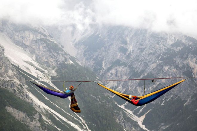 slackers, suspended hammocks, Highline Meeting festival, Italian Alps, Monte Piana,