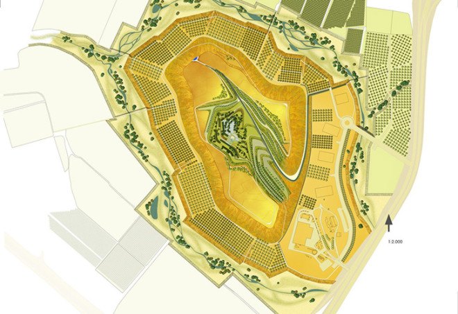 Peter Latz, hiriya plan drawing, ariel sharon park, peter latz, peter latz landscape architecture, urban planning, recycling facility, transfer station, largest recycling facility in the world, world's largest recycling plant, Ben Gurion International Airport, Tel Aviv, Israel, Ariel Sharon, bioplastic, hiriya landfill, landfills, public parks, international parks, design competitions