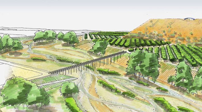 Hiriya elevation drawing by Peter Latz, hiriya, ariel sharon park, peter latz, peter latz landscape architecture, urban planning, recycling facility, transfer station, largest recycling facility in the world, world's largest recycling plant, Ben Gurion International Airport, Tel Aviv, Israel, Ariel Sharon, bioplastic, hiriya landfill, landfills, public parks, international parks, design competitions