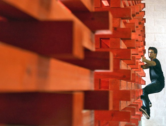 green design, eco design, sustainable design , Joao Quintela, Tim Simon, climbing gym, Vertigo Pavilion, adaptive reuse, timber pavilion, Slatted pavilion