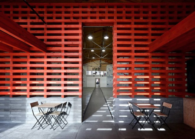 green design, eco design, sustainable design , Joao Quintela, Tim Simon, climbing gym, Vertigo Pavilion, adaptive reuse, timber pavilion, Slatted pavilion