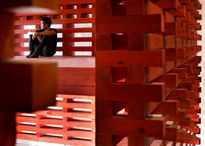 green design, eco design, sustainable design , Joao Quintela, Tim Simon, climbing gym, Vertigo Pavilion, adaptive reuse, timber pavilion, Slatted pavilion