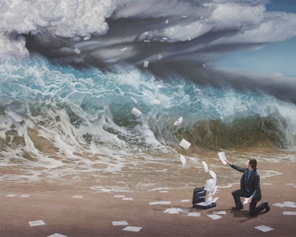 Joel Rea, contemporary surrealist paintings, oil on canvas, Australian art, suit men, tigers paintings, makes you feel small