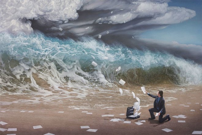 Joel Rea, contemporary surrealist paintings, oil on canvas, Australian art, suit men, tigers paintings, makes you feel small