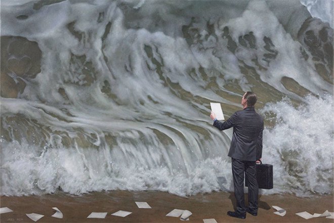 Joel Rea, contemporary surrealist paintings, oil on canvas, Australian art, suit men, tigers paintings, makes you feel small