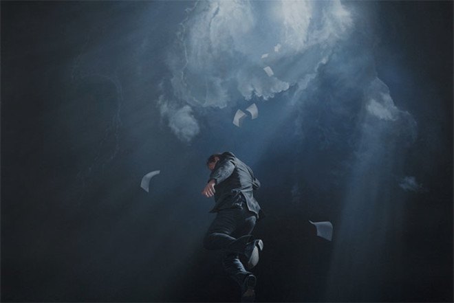 Joel Rea, contemporary surrealist paintings, oil on canvas, Australian art, suit men, tigers paintings, makes you feel small