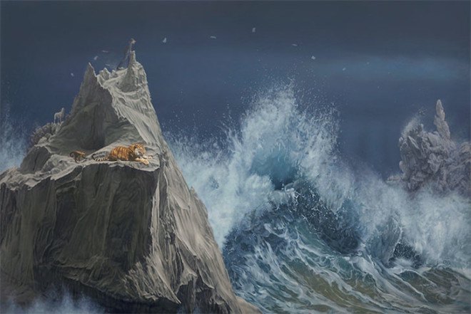 Joel Rea, contemporary surrealist paintings, oil on canvas, Australian art, suit men, tigers paintings, makes you feel small