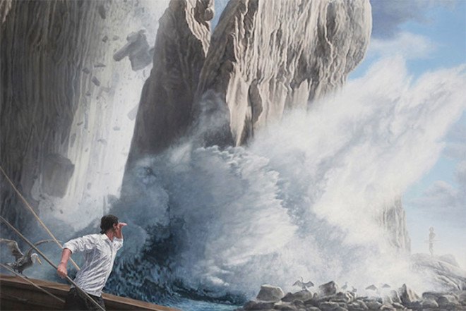 Joel Rea, contemporary surrealist paintings, oil on canvas, Australian art, suit men, tigers paintings, makes you feel small