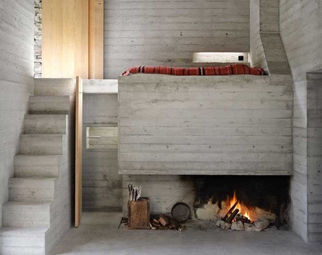 Linescio, Linescio house, Buchner Bründler Architekten, Switzerland, house within a house, house inside a house, minimalist, summer home, holiday home, concrete, fireplace, natural cooling, renovation