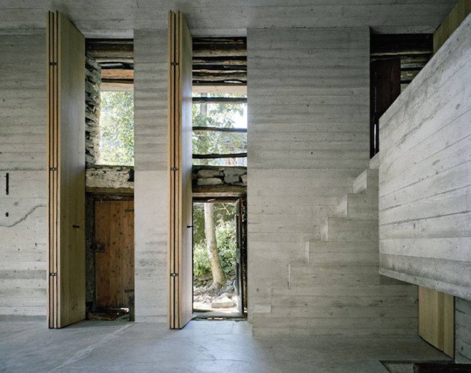 Linescio, Linescio house, Buchner Bründler Architekten, Switzerland, house within a house, house inside a house, minimalist, summer home, holiday home, concrete, fireplace, natural cooling, renovation