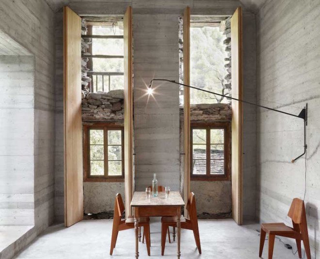 Linescio, Linescio house, Buchner Bründler Architekten, Switzerland, house within a house, house inside a house, minimalist, summer home, holiday home, concrete, fireplace, natural cooling, renovation