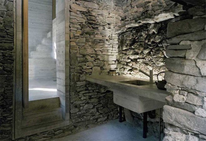 Linescio, Linescio house, Buchner Bründler Architekten, Switzerland, house within a house, house inside a house, minimalist, summer home, holiday home, concrete, fireplace, natural cooling, renovation