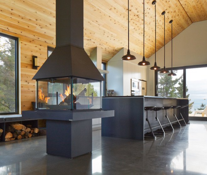 MU architects, open tread stairs, Malbaie VIII Residence La Grange, Malbaie VIII, St. Lawrence River, white cedar, dark gray metal, metal cladding, timber home, Charlevoix, outdoor terrace, barn-inspired architecture, cathedral ceiling, natural light,
