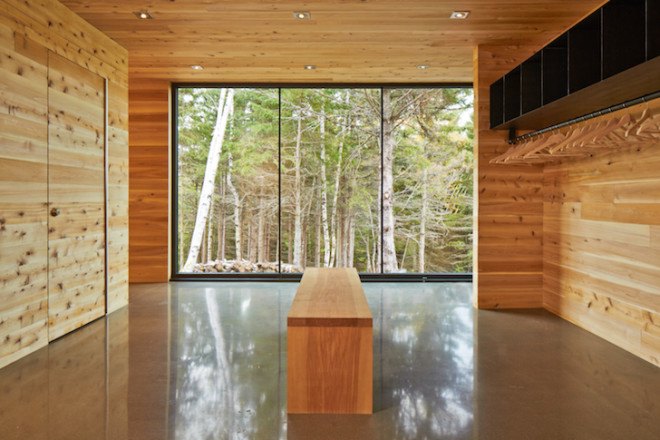 MU architects, open tread stairs, Malbaie VIII Residence La Grange, Malbaie VIII, St. Lawrence River, white cedar, dark gray metal, metal cladding, timber home, Charlevoix, outdoor terrace, barn-inspired architecture, cathedral ceiling, natural light,