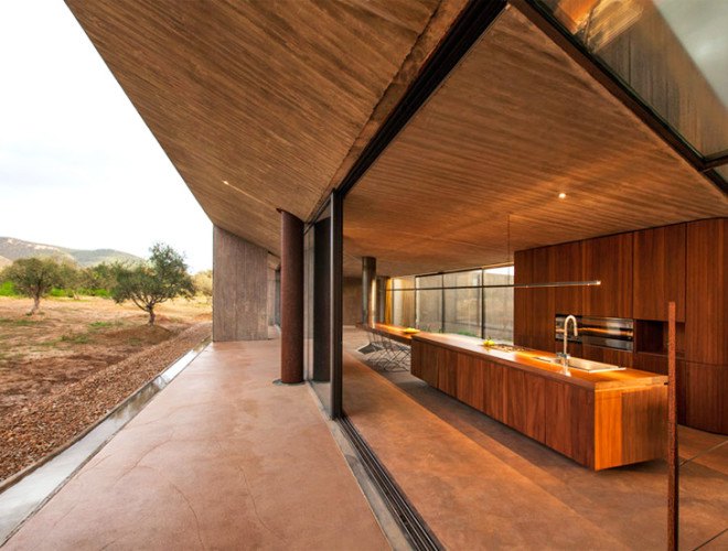 Tense Architecture Network, concrete home, residence in Megara, Greece, Greek architects, courtyard, concrete house, glass facade, open-plan living room, olive grove, green architecture